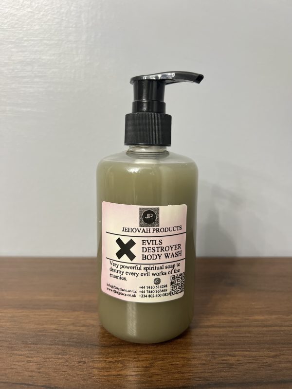 dispenser jar of the Evils Destroyer Body Wash