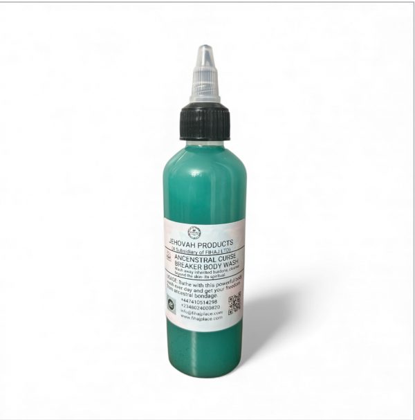 “Green bottle of Jehovah Products Ancestral Curse Breaker Body Wash with pointed cap and white label.
