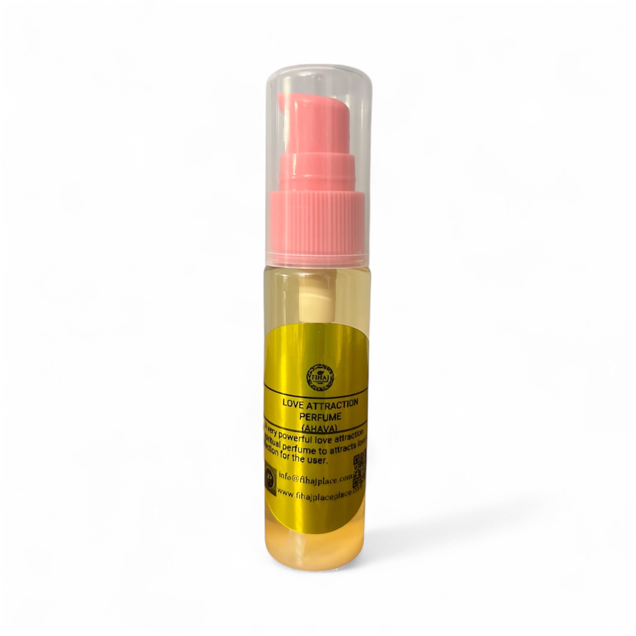 “Love Attraction Perfume bottle with pink pump and yellow label on a white background.”