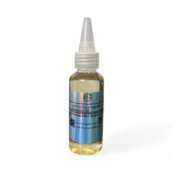 text: “Bottle of Self Defence Against Enemies Oil with pointed applicator cap on a white background”