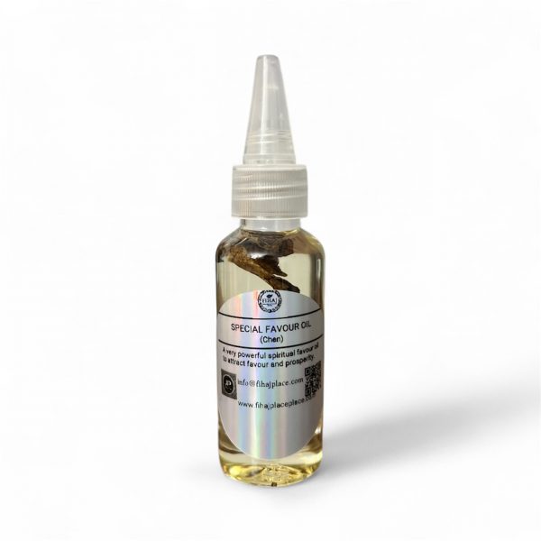 “Special Favour Oil – spiritual favour and prosperity oil with herbal ingredients in clear bottle”