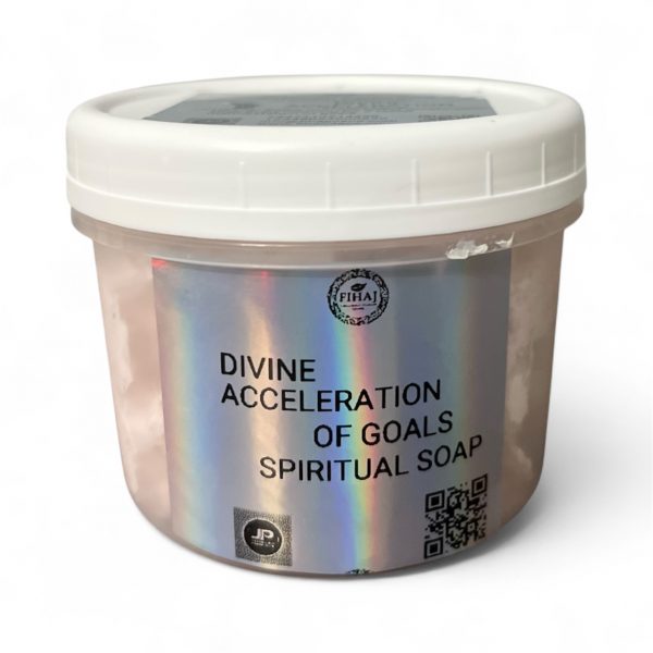 Container of ‘Divine Acceleration of Goals’ spiritual soap with holographic label and white lid.