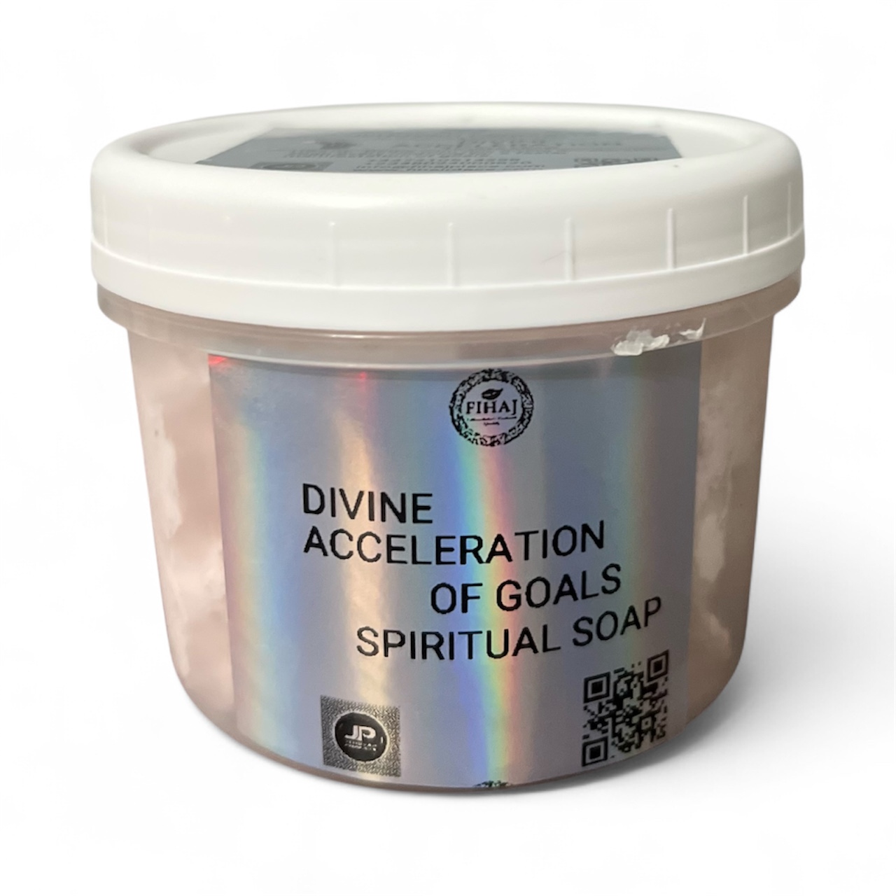 Container of ‘Divine Acceleration of Goals’ spiritual soap with holographic label and white lid.