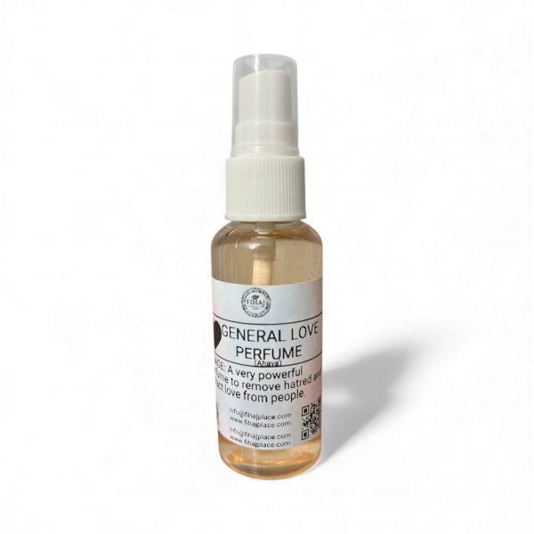 “Bottle of General Love Perfume with spray nozzle and label reading ‘A powerful perfume to remove hatred and attract love.’”