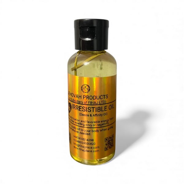 “Bottle of Jehovah Products Irresistible Oil with gold label and black cap, used for desire and affinity purposes.”