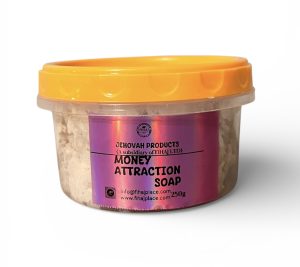 Money Attraction Soap 250g by Jehovah Products – spiritual soap in a clear container with orange lid